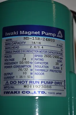 Iwaki Industrial Magnetic Drive Pump MD-15R-24N03 24V Max Capacity 14/16 NEW • $195.21