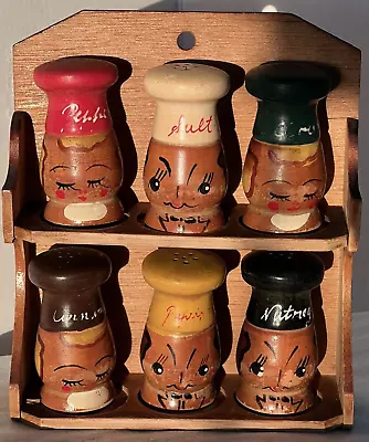 Vintage Wooden Spice Rack & 6 Spices Shakers Japan Hand Painted  Salt & Peppy  • $24.99