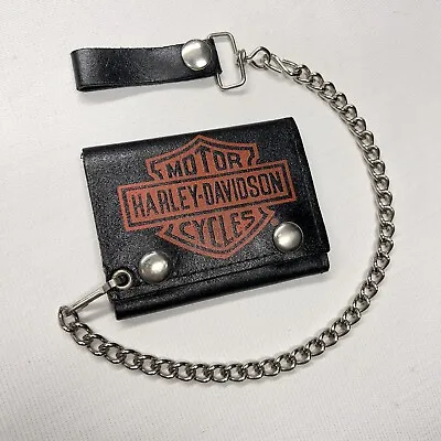 Vintage Harley Davidson Trifold Wallet Chain Black Leather Biker Pocket Mens • $58