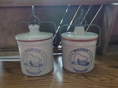  2 Vintage Wisconsin Homestead Stoneware Glass Cheese Crock Lid Seal Wire Bail • $11.75