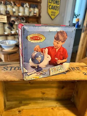 Vintage Jacob’s Pastimes Biscuit Tin – Boy With Rabbit & Globe – Kitsch! • £9.99