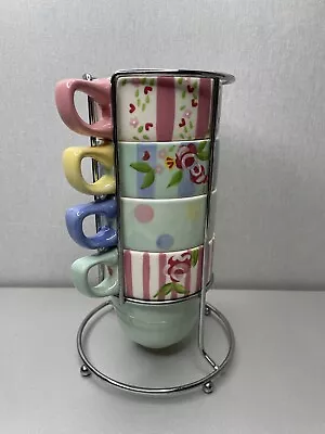 Marks And Spencer Set Of 4 Ditsy Floral Stacking Tea Coffee Mugs With Stand • £22