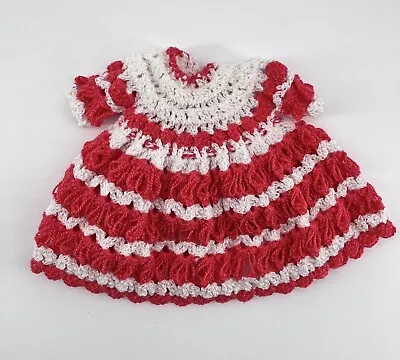 Doll Clothes For 9” To 10” Doll ~ CROCHETED DRESS Coral Red & Sparkly White Vtg • $9.90