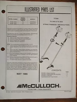 Used Mcculloch Titan Td 3000 3900 String Trimmer/brush Parts List May 1995 • $8.65