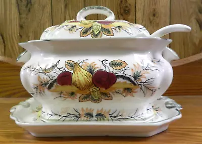 RARE Royal Sealy  PLUM HARVEST Soup Tureen Matching Platter Lid. Ladel 1960's • $225