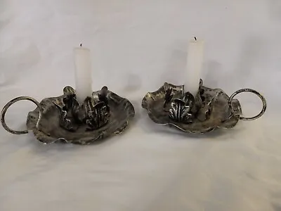 Vintage Metal Candle Holders - Candlesticks - Silver Tone Leaf - EmKay- Set Of 2 • $17