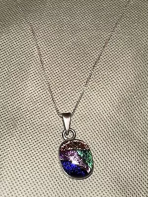 MEXICO 925 Sterling Silver - Vintage Dichroic Glass Art Drop Pendant Necklace • £21.22