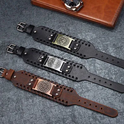 Men Viking Leather Bracelet Vegvisir Pirate Compass Runes Cuff Wristband Jewelry • $3.51