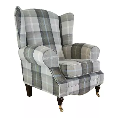 Wing Back Queen Anne Cottage Chair  Balmoral Oxford Blue Tartan Dark Wood Legs   • £479