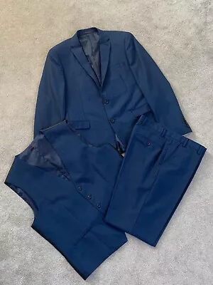Next Blue Slim Wool Blend 3 Piece Suit - Jacket & Waistcoat 44R Trousers 36L • £20