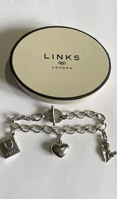 Genuine Links Of London Solid Sterling Silver T Bar Charm Bracelet With Charms • £75