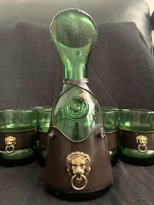 Vintage Italian Glass Decanter + 6 Glass Set. Genuine Leather And Brass • $40