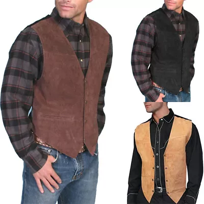 Men's Suede Vest Retro Casual Vest Western Cowboy Style Vest Steampunk Waistcoat • $43.99