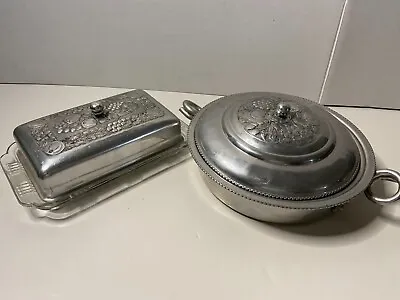 4 Pcs Vtg Cromwell Hammered Aluminum Round Bowl & Criss Cross Glass Butter Dish • $18.95