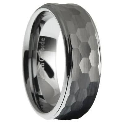 8mm Tungsten Carbide Men Hammered Stepped Edges Wedding Band Ring Size 7-12.5 • $12.99