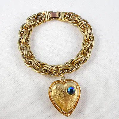 Vintage Chunky Gold Plated HEART Charm Bracelet Multi Link Large Heart W/ STones • $29.99