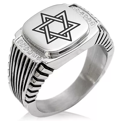 Stainless Steel Steel Hexagram Star Of David Symbol CZ Biker Style Signet Ring • $15