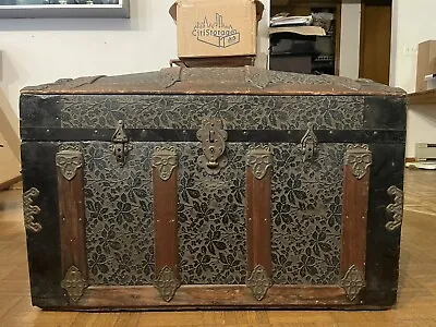 Antique Camel Top Steamer Trunk Ornate Metallic 1800's Victorian Dome Chest  • $774.95