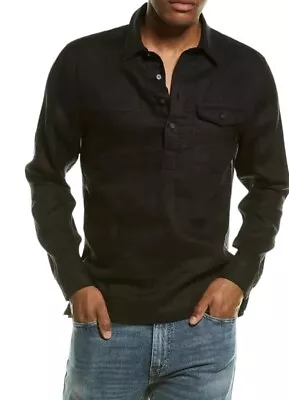 Vince Men’s Linen Long Sleeve Popover Henley Classic Fit Shirt Black Large • $65