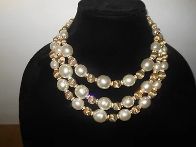 Vtg Vendome Signed Faux Baroque Pearl Rhinestone Spacers 3 Strand Necklace 18  • $45