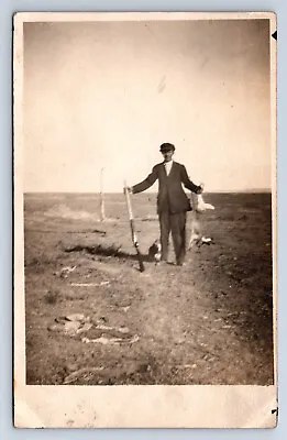 Vintage RPPC Hunter Poses W/ Dead Rabbit Jackrabbit & Gun Hunting Q17 • $5.99