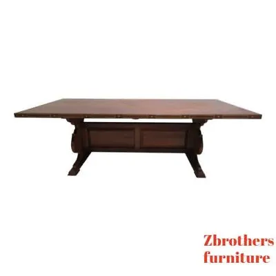 Vintage Teak Mid Century Dining Room Conference Table Custom Brass Inlay • $3499