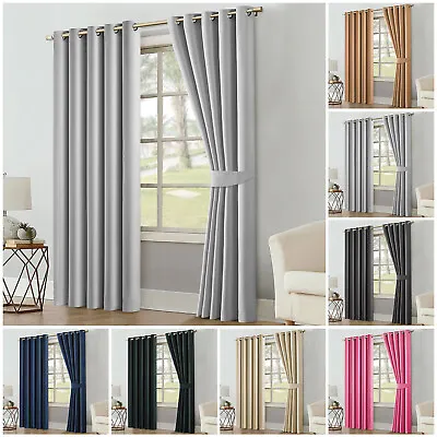 Blackout Curtains Eyelet Ring Top Ready Made Pair Of Curtain Panel Free Tie Back • £35.99