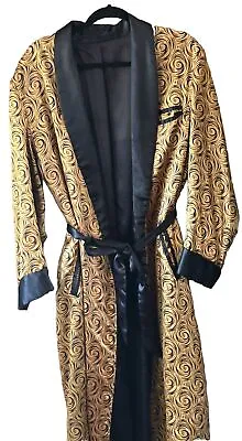 Vintage Men's Robe Smoking Jacket Satin Gold & Black Belted Lined 40  Chest Sz M • $190