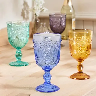 4pc Embossed Coloured Glassware Wine Glasses Dinner Party Cocktail Glass Goblets • £20.99