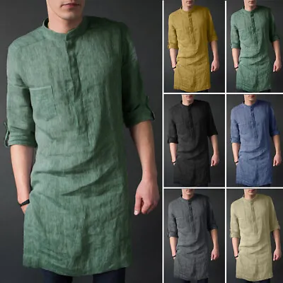 INCERUN Men Islamic Muslim Thobe Kaftan Knee Length Dress Maxi Tunic Shirts Gown • £15.59