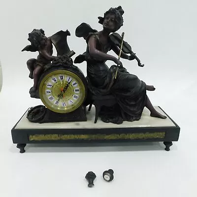 Antique Mantle Clock Girl Playing Violin Cherub On Marble • $13.50