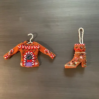 2 Michael Simon Gingerbread Sweater And Boot Christmas Ornaments With Boxes NWT • $110