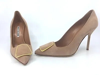 MANOLO BLAHNIK GONONE Taupe Suede Shoe Buckle Clip Stiletto Pump Shoes Sz 40.5 • $125