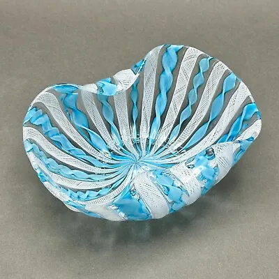 Vintage Murano Hand Blown Blue Zanfirico And Lattimo/White Garza Cane Glass Dish • $129.95