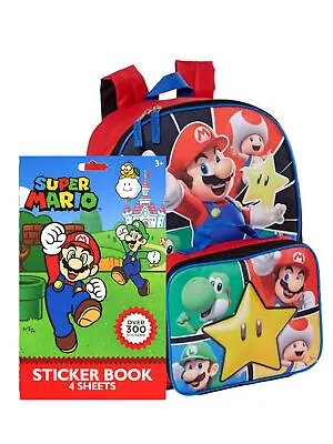 Super Mario Backpack 16  & Insulated Lunch Bag W/ Nintendo Sticker Book Set • $28.99