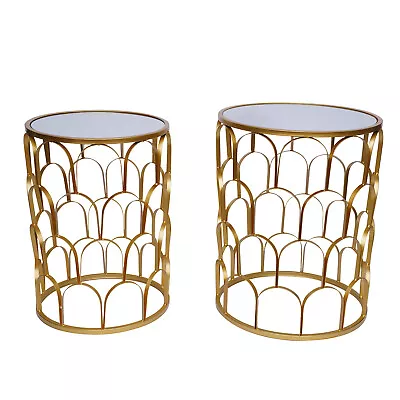 2X Round Accent End Tables Coffee Side Table W/Mirrored Tabletop Metal Nesting • $131.60