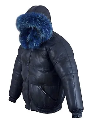 Men's Puffer Bomber Sheepskin Leather Jacket Removable Raccoon Fur Collar & Hood • $239.99