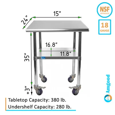 24  X 15  Stainless Steel Table With Wheels | NSF Prep Metal Work Table Casters • $179.95