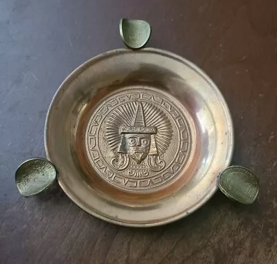 Vintage Copper & Brass Mexican HTF Design Aztec Ashtray With 3 Coin Stirrups • $19.95