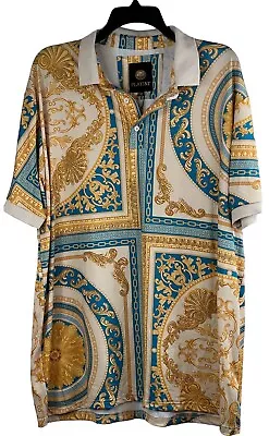 Mens PLATINI Polo Vegas Rhinestones Fancy Medallion Beige Gold Blue 2XL • $57.36