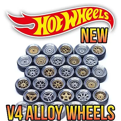 1/64 Scale ALLOY V4 Metal 2 Piece Real Rider Wheels Rims Tires Set Hot Wheels • $12.99