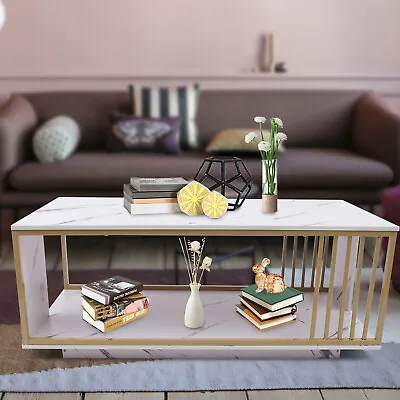 Modern White GOLD Coffee Table High Gloss Marble Veneer Rectangle Living Room • $118.74