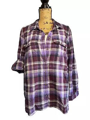 Eddie Bauer Women SZ XL Extra Large Hiking Shirt Travex Purple Plaid Ventilated • $2.99