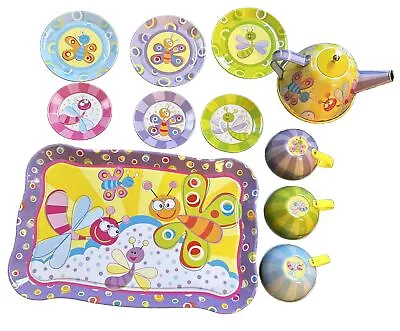 Schylling Children's Summer Bugs Butterfly 13 Pc Tin Metal Tea Set Kids Colorful • $11.25