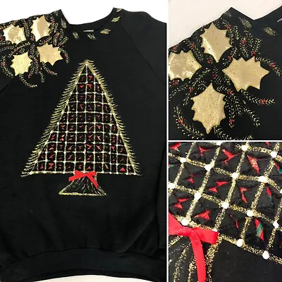 Vtg 80s Handmade Cutout CHRISTMAS TREE Gold GLITTER Leaf RAGLAN 50/50 Sweatshirt • $129.99