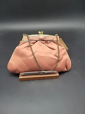 Vintage Dark Peach Pink- Tan Satin Rhinestone Clutch Evening Bag Purse Kiss Lock • $21.99