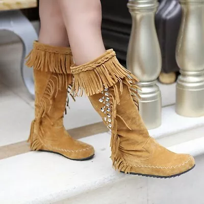 Women Mid-Calf Boots Boho Tassels Flat Winter Warm Moccasin Booties Casual Shoes • $34.68