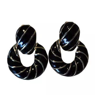 Vintage Kenneth Jay Lane Clip On Earrings Black And Gold Striped Dangle 1980s • $42