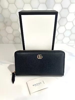 GUCCI GG Logo Bifold Zip Around Long Wallet BLACK Leather W/ Gold Italy • $500