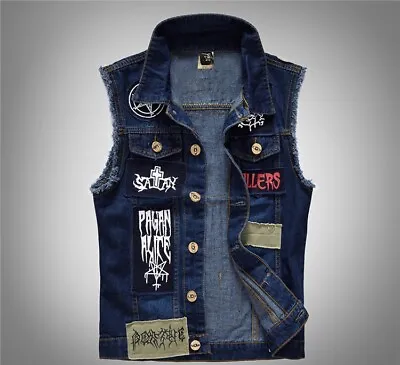 $35.80 • Buy Men Patch Denim Vest Jean Jacket Waistcoat Sleeveless Vintage Punk Casual Jacket